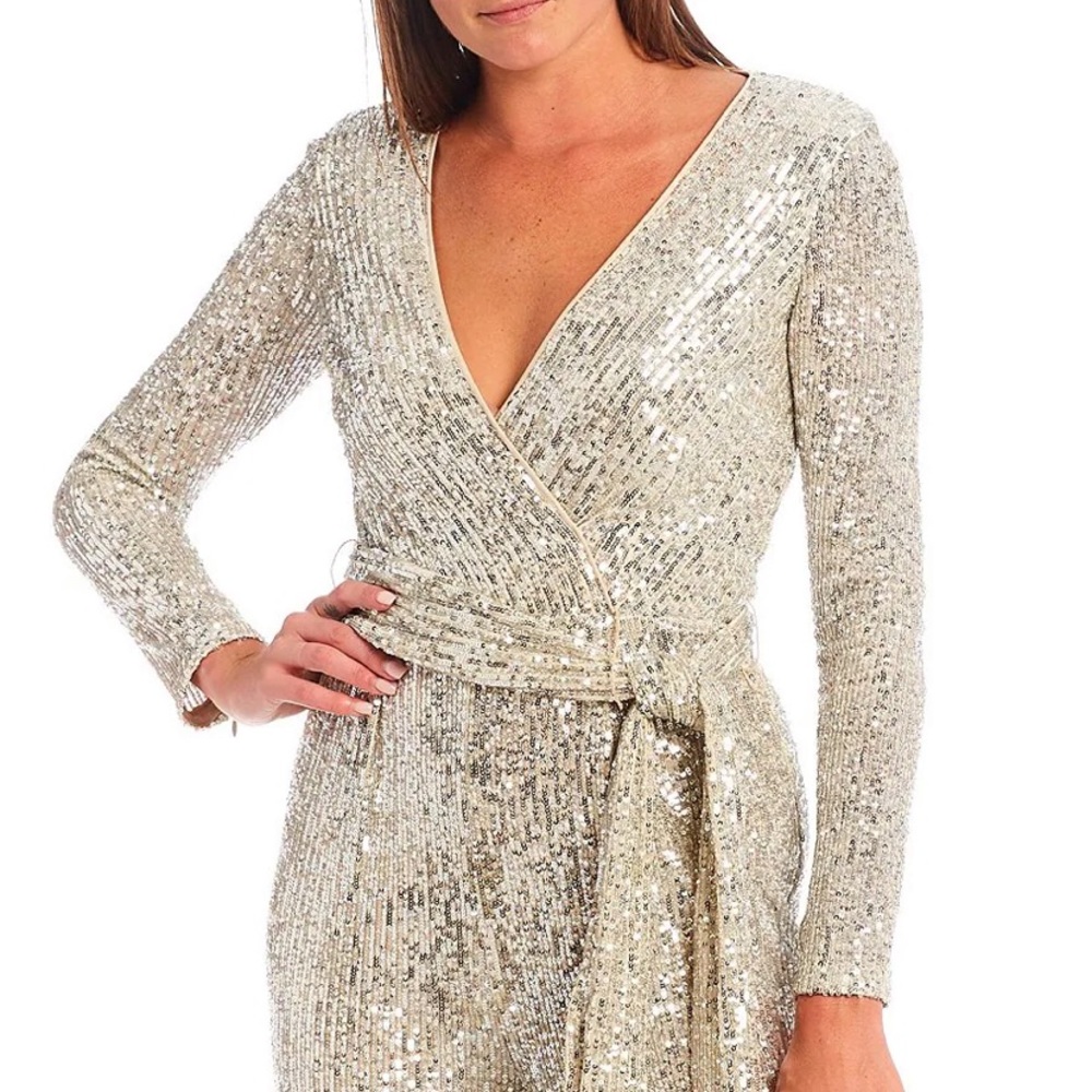 Eliza J Sequin Faux Wrap Tie Waist Jumpsuit